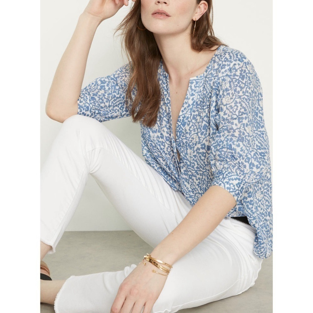 Maison 123 Loana Floral Metallic Blouse French 46 US XL Blue White - Picture 2 of 16